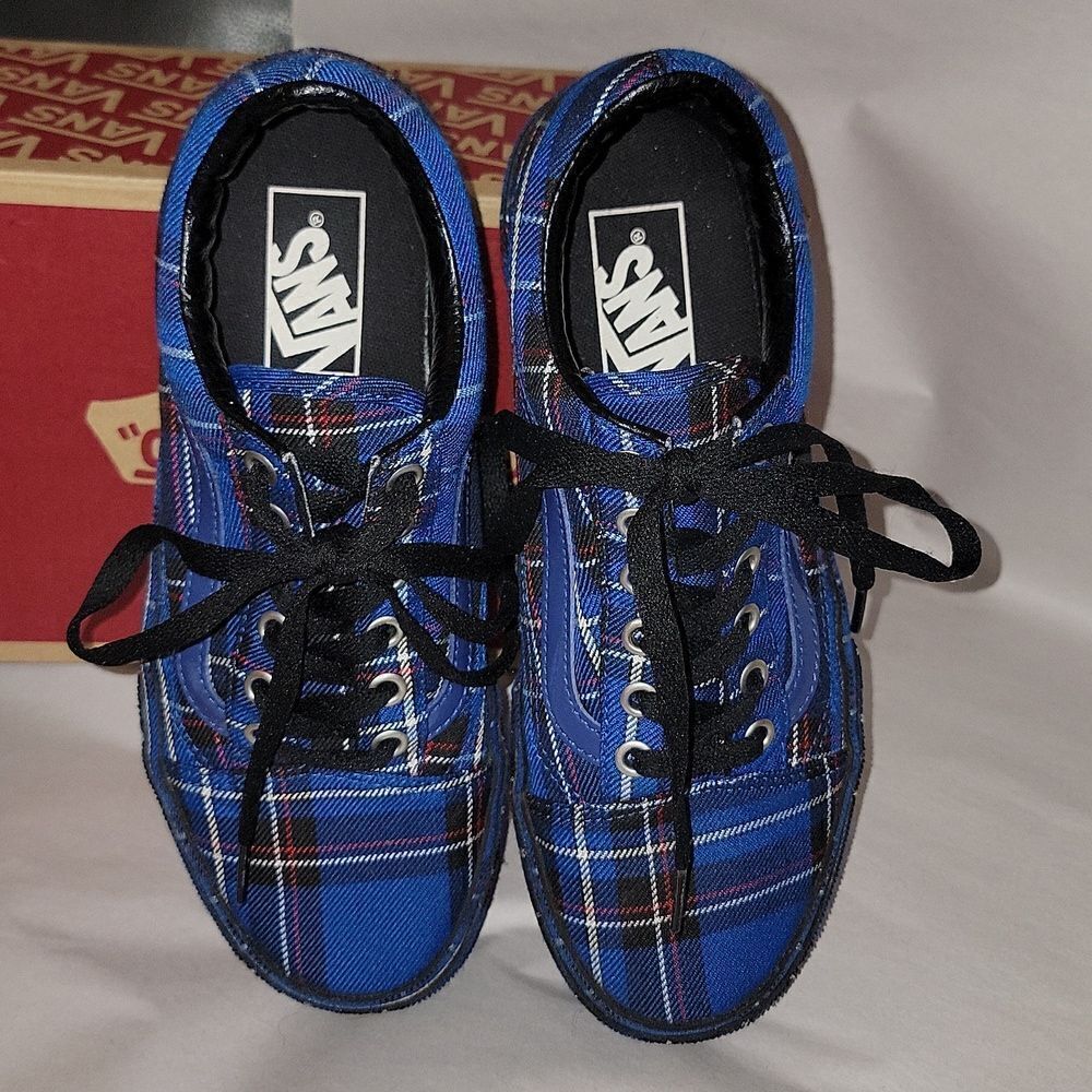 Vans Old Skool Platform Patent Plaid Blue Black Sneaker Shoes Women 5.5 Men 7 - Picture 8 of 15
